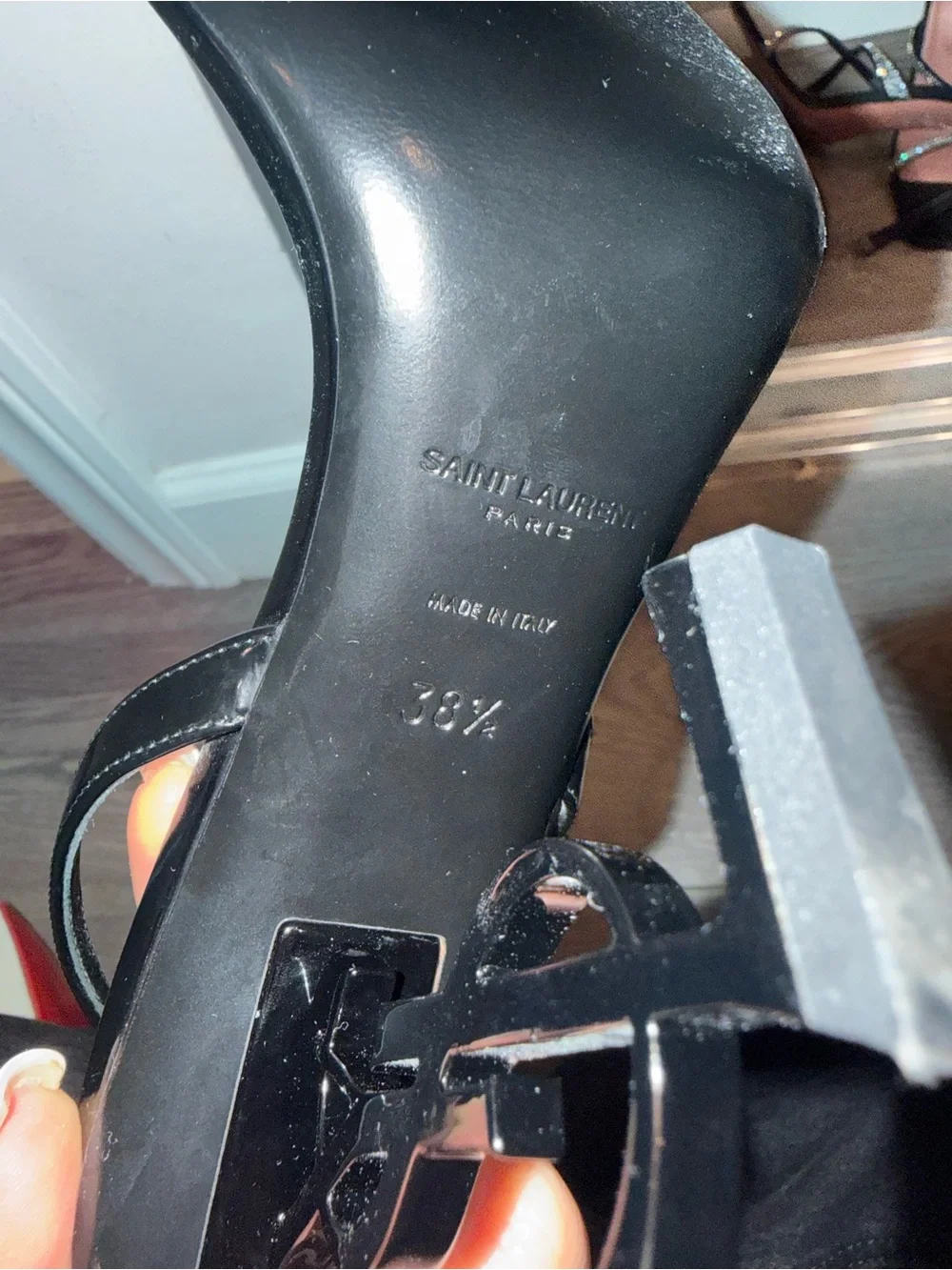 Saint Laurent Black Patent Leather YSL Logo Heel Sandals